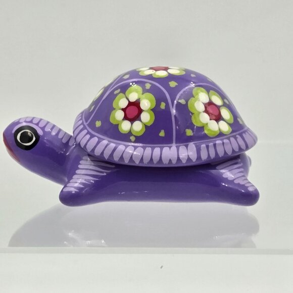 Mexican Folk Art Purple Turtle Terra Cotta Trinket Box with Removable Lid - Picture 3 of 9